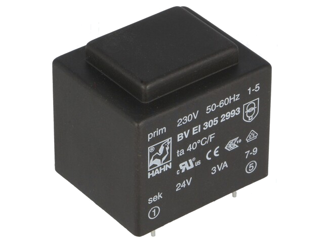 Transformator: ingegoten; 3VA; 230VAC; 24V; 125mA; PCB; BVEI Transformator: ingegoten; 3VA; 230VAC; 24V; 125mA; PCB; BVEI